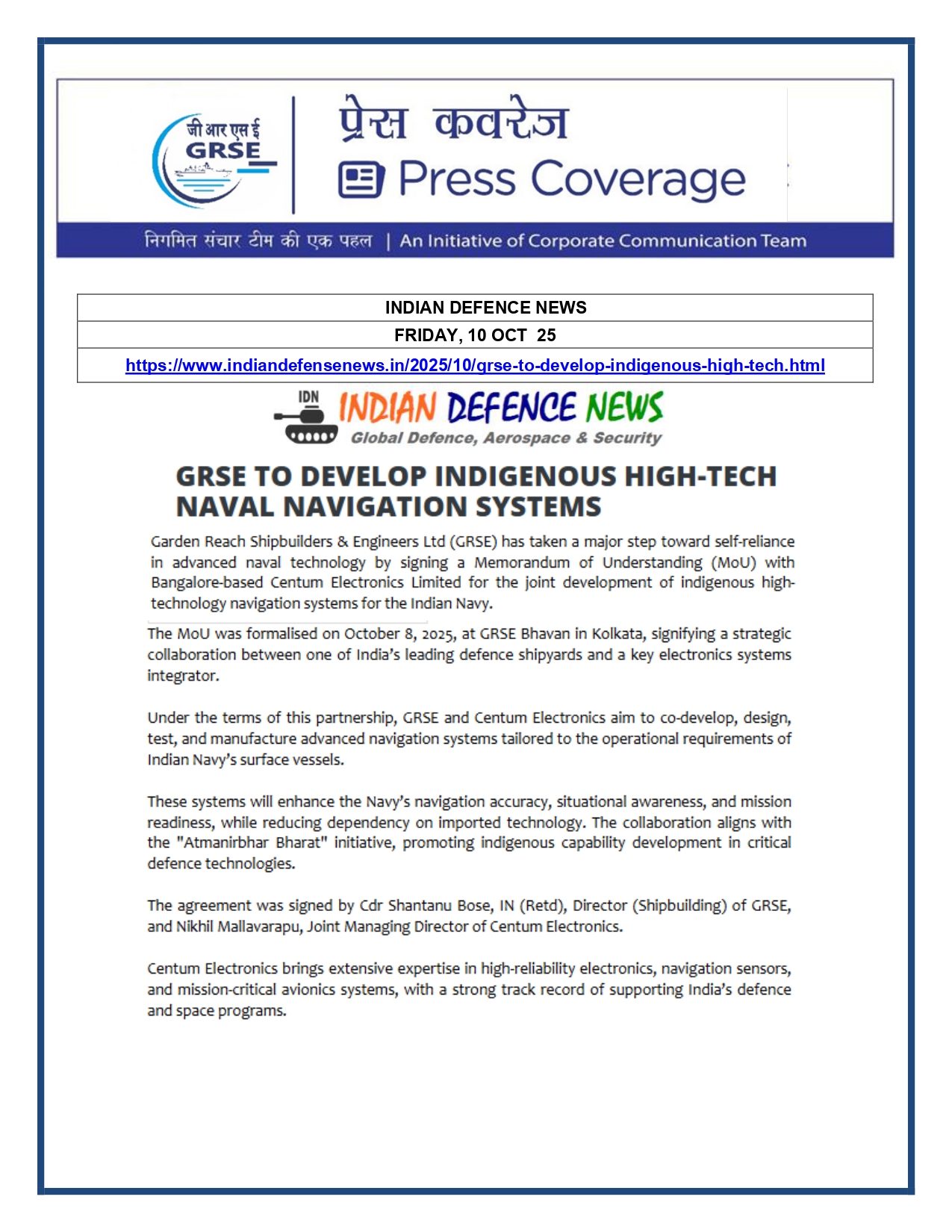 Press Coverage : 10 Oct 25:GRSE signs MoU for high-tech navigation system